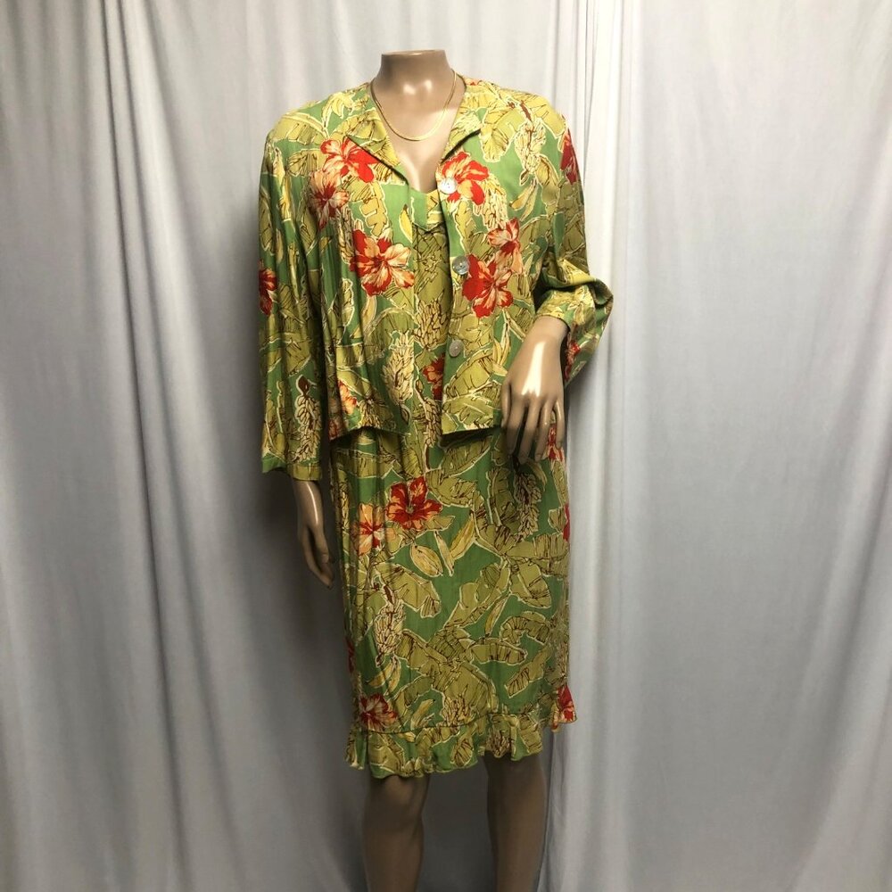 Mermaids Dress and Jacket Womens Size 1 XS Green Red Floral Ruffle Hem